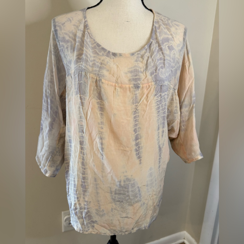 Gypsy Boho Pastel Silk Top Lagenlook Keyhole Nape Cropped Sleeves Oversized Xs